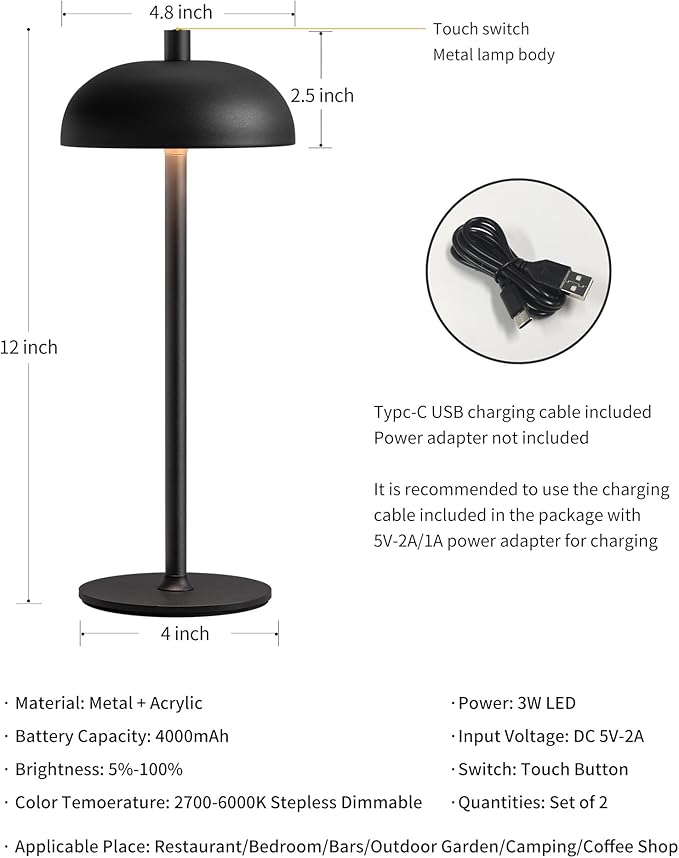 Cordless LED 12" Small Table Lamps Set of 2, Modern Portable Desk Lamp, 3 Color Dimming Rechargeable Battery Lights for Bedroom, Outdoor, Restaurant, Bedside, Baby Night Light, Gifts (Black)