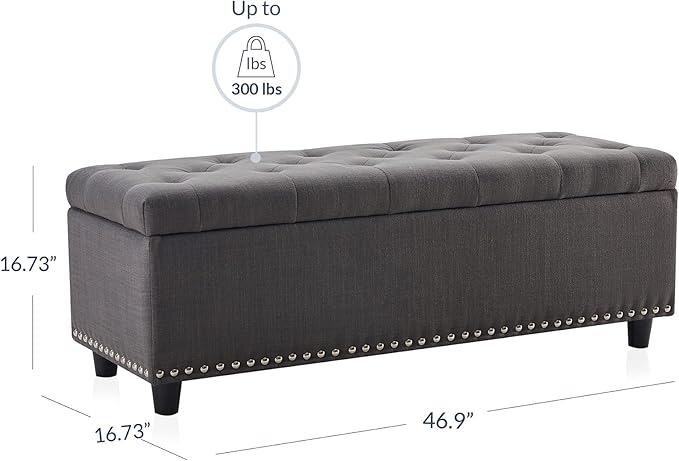BELLEZE 47" Storage Ottoman, Storage Bench with Safety Close Hinge, Linen Button-Tufted Ottoman for Living Room, Entryway, Hallway, Foot Rest, Support 300lbs - Dark Gray