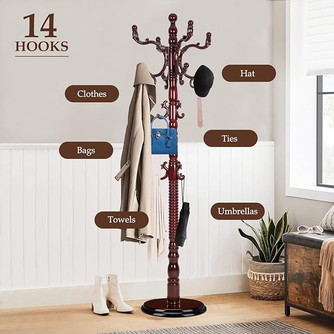 Wood Coat Rack Freestanding, Natural Coats Tree Stand with 14 Hooks, 73" Sturdy and Easy Assembly Coat Rack Stand for Entryway, Hallway, Bedroom, Bags, Hats (Heavy-duty Disc Base, Rosewood)