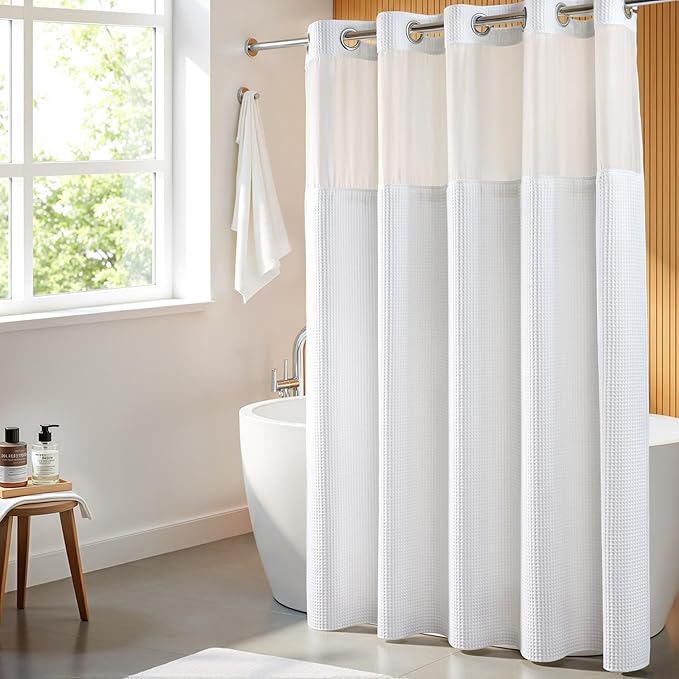 River Dream White Fabric Shower Curtain Set, Cotton Blend, Waffle Weave, with Snap in Replacement Liner，71 x 74 inches