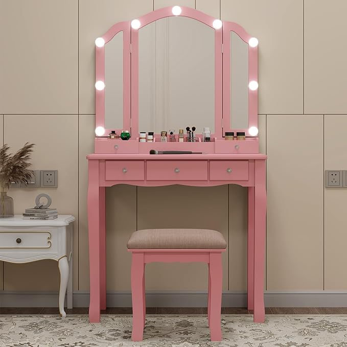 Pink Vanity Desk with Mirror and Lights for Girls Makeup Vanity Desk with Chair Vanity Table and Stool Set with 5 Storage Drawers 3 Colors Lighting Modes Tri Fold Vanity Mirror Lighted Vanity