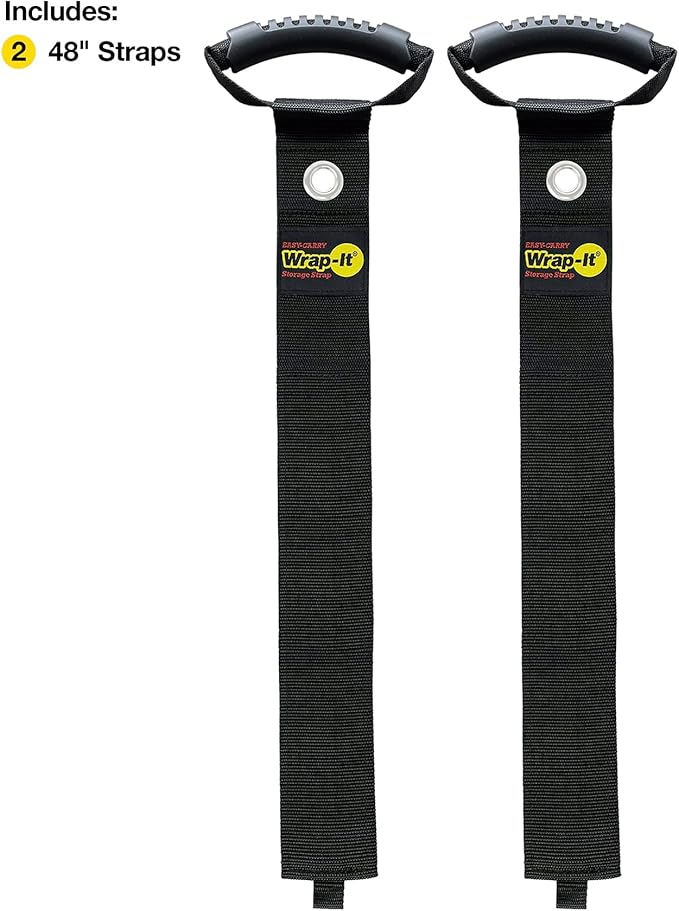 Easy-Carry Wrap-It Storage Straps - 48” (2-Pack) Black with Grommet - Garden Hose Caddy and Cord Wrap for Indoor and Outdoor Cable Organizing