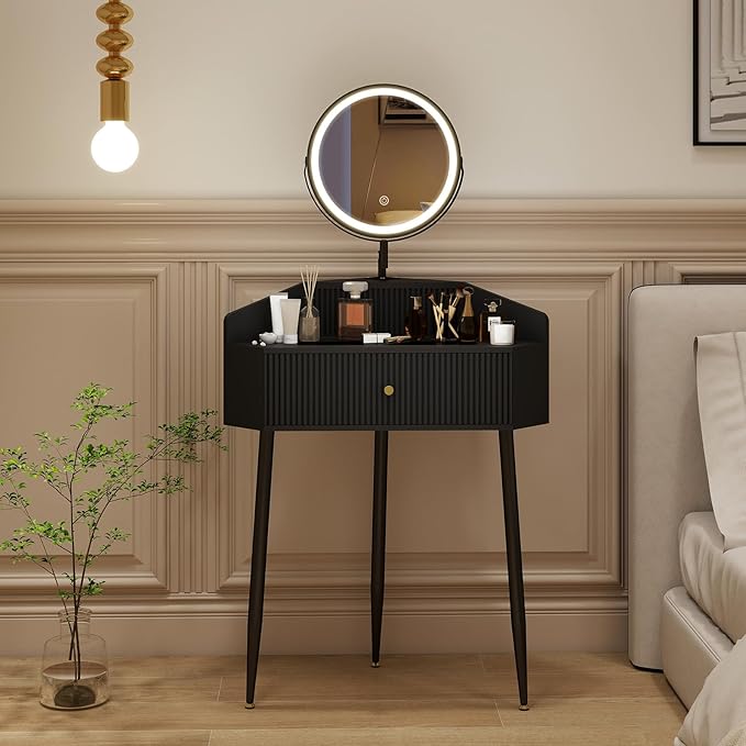 ARTETHYS Corner Vanity Desk with Retractable and Rotating Mirror and Lights Small Modern Black Makeup Vanity Set with Glass Top for Women Compact Girls Dressing Table with Storage for Small Space
