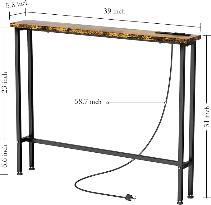 39" Sofa Table Narrow Long with Power Outlets & 2 USB Ports, Metal Frame Behind Couch Table Behind Sofa Perfect for Hallway, Living Room, Entrance Easy Assembly, 4.9' Extension Cord Included