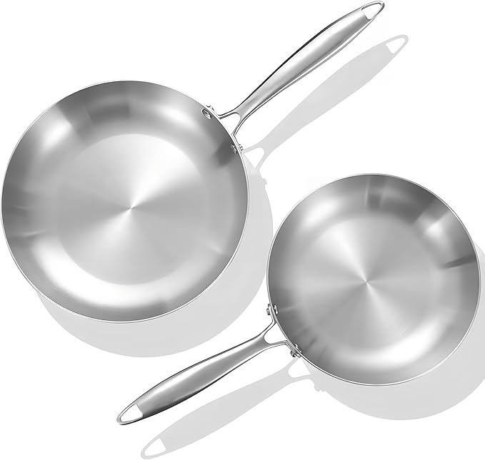 LOLYKITCH 8.5-10 Inch Tri-ply Stainless Steel Frying Pan Set,Skillets,Induction Chef's Pan,Heavy Duty,Dishwasher and Oven Safe,Riveted Handle