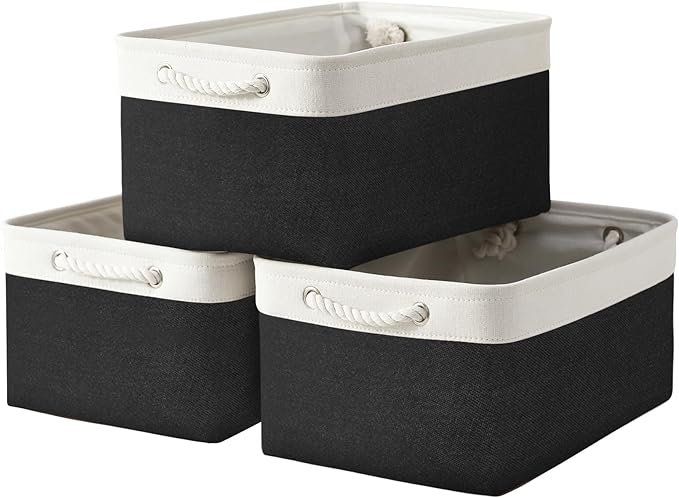 TheWarmHome Storage Basket for Organizing - Large 3 Pack 15.7x11.8x8.3 inch Collapsible Storage Bin for Shelves with Handles Laundry Cube Toy Closet Nursery (Whiet & Black)