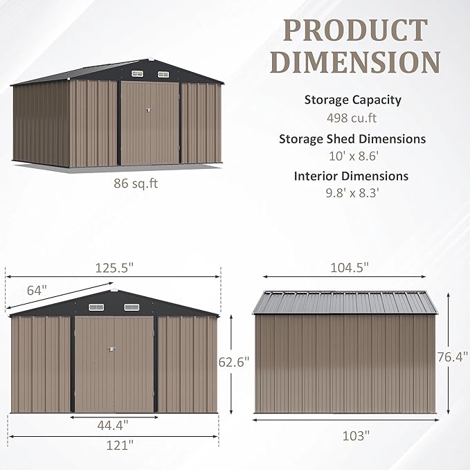 Greesum 10×8 FT Outdoor Storage Shed, Metal Storaged Sheds Without Floor, Tool Sheds with Lockable Doors and Slooping Roof for Garden, Patio, Backyard, Brown
