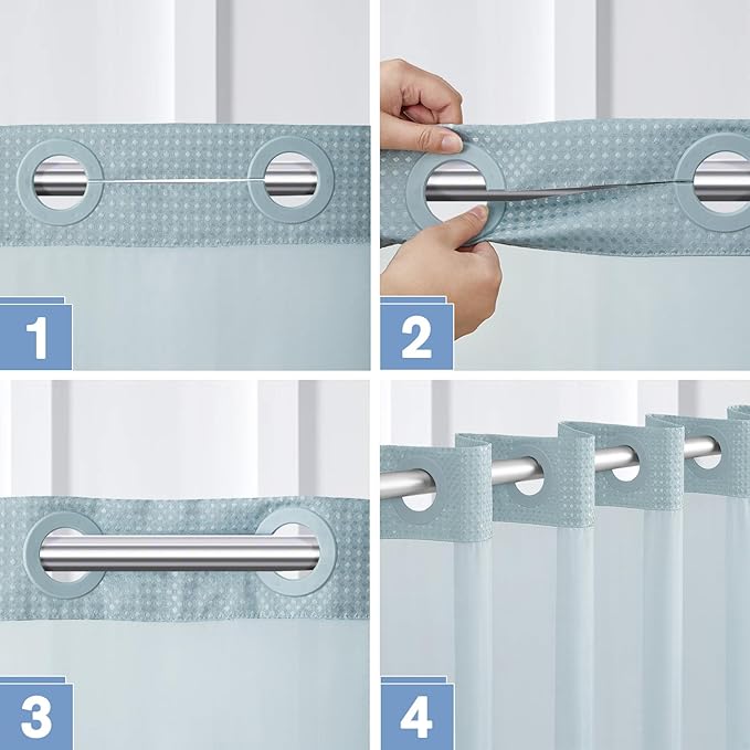 54x80 Shower Curtain for Small Bathrooms,No Hook Design Fits Low Ceiling,Waterproof Fabric with 80" Extra Long Magnetic Hem,Fog Blue Waffle Weave and Machine Washable Hotel Grade.