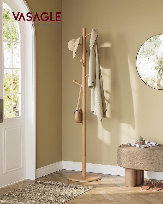 VASAGLE Solid Wood Coat Rack, Free Standing Hall Coat Tree with 7 Hooks, 3 Height Options, for Coats, Hats, Bags, Purses, for Entryway, Hallway, Rubberwood Hooks and Pole, Natural Beige URCR007N01
