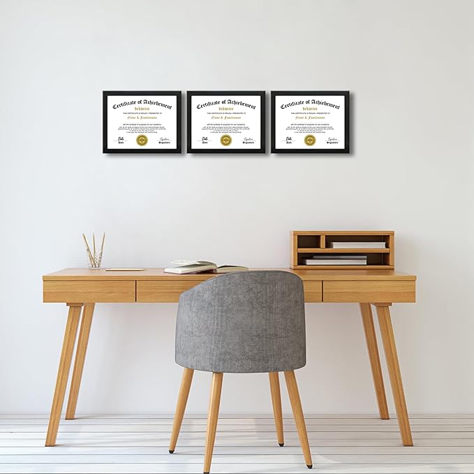 8.5x11 Diploma Frame Certificate Document Frame Set of 3 with High Definition Glass,Picture Frame for Wall and Tabletop Display in Black