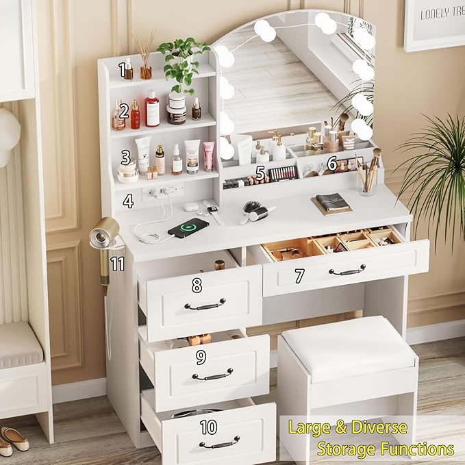Vabches Makeup Vanity Desk with Lights and Charging Station, White Vanity Set Makeup Table with 4 Drawers Lots Storage, 3 Lighting Colors, Large Size 39.4in(W)