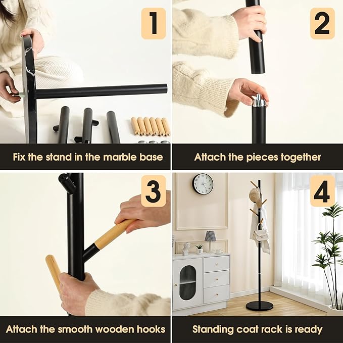 A&M Coat Rack Freestanding with 6 Wooden Hooks & Marble Base - 18 lbs Metal Coat Tree Stand for Hanging Clothes, Hats, Bags, & Jackets - Heavy Duty Purse Rack Stand for Entryway, Bedroom & Office
