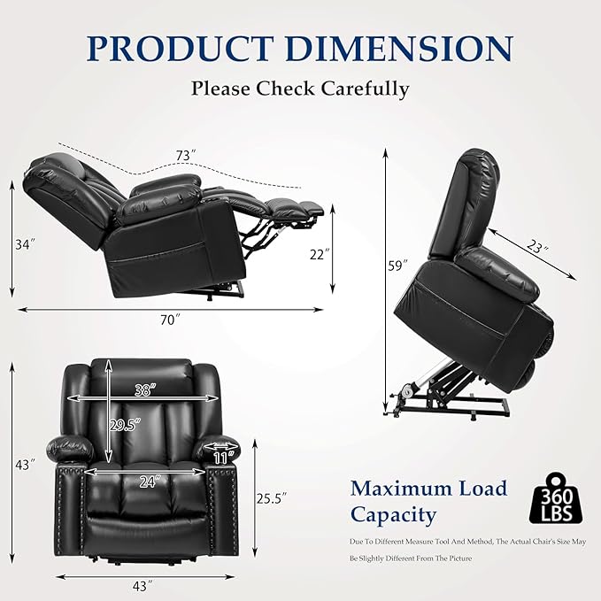 Large Power Lift Chair Recliner for Elderly with Heated and Massage, Overstuffed Adjustable Lift Chair, 3 Position, Breathable Leather, USB-A&USB-C, Cup Holder (Tall Man-7523, Black)