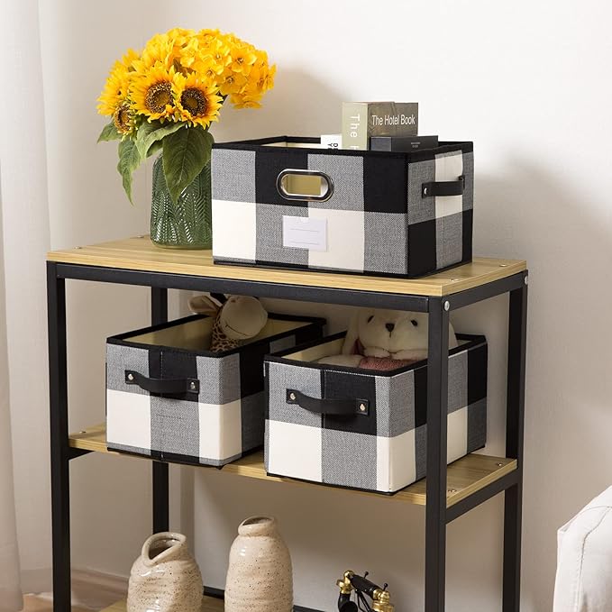 PRANDOM Large Collapsible Storage Baskets for Closet [3-Pack] Decorative Fabric Storage Bins Cubes with Leather/Metal Handles for Shelves Bedroom Living Room Black and White Grid (14.9x9.8x8.3 Inch)