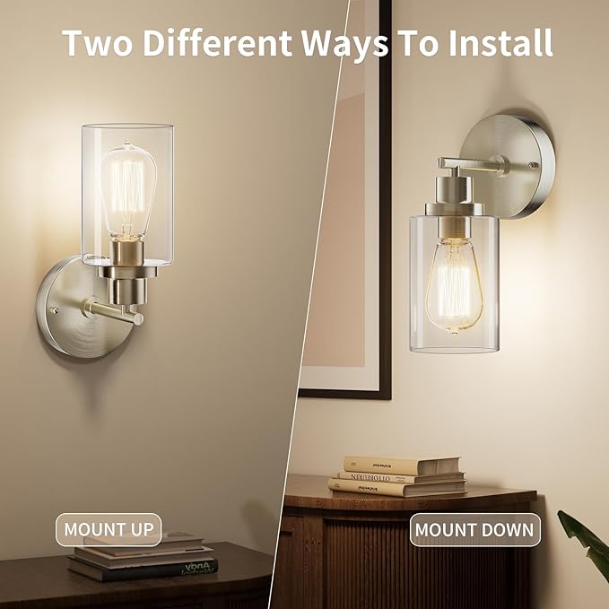 Bathroom Wall Sconces Set of Two: Brushed Nickel Vanity Light Fixtures with E26 Base LED Cordless Indoor Wall Mount Lamp for Mirror Bedroom Hallway Stairway Modern Decor Lighting