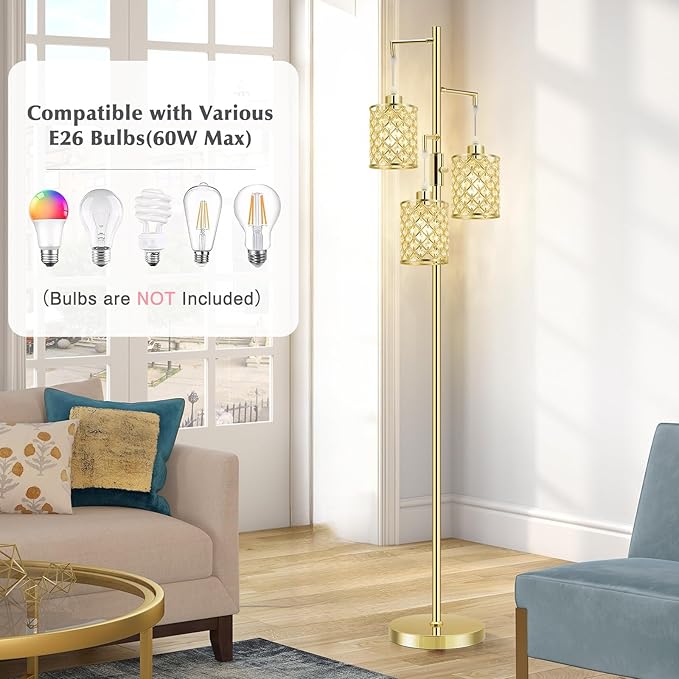 GyroVu Morden Gold Crystal Floor Lamps for Living Room, 3-Light Standing Tall Lamp with Elegant K9 Crystal Shade & Rotary Switch, Modern Corner Floor Lamp for, Bedroom, Home Office, Reading