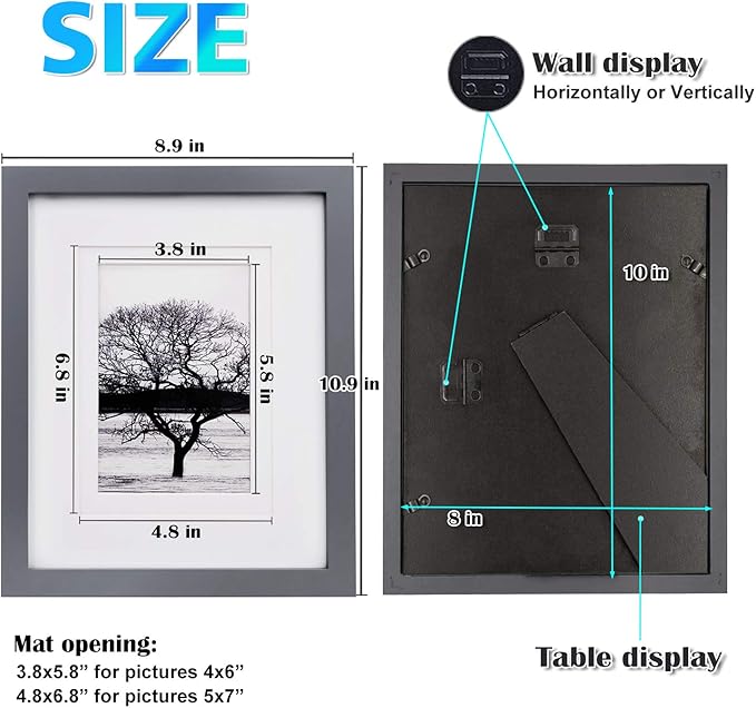 Egofine 8x10 Picture Frame Made of Solid Wood, Covered by Plexiglass for Pictures 4x6 or 5x7 with Mat or 8x10 Without Mat, Table Top Display and Wall Display Photo Frame, Dark Gray