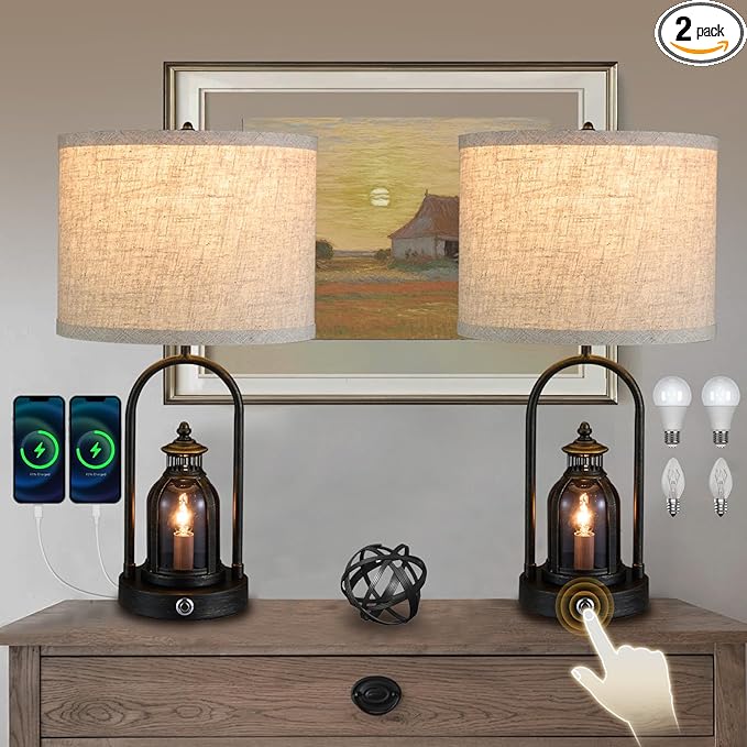 Farmhouse Lantern Table Lamps for Living Room Set of 2, Rustic Vintage Bedroom Nightstand Beside Desk Lamp with 2 USB Charging Ports,Dimmable Touch Night Light,4 Bulbs Included (Black)