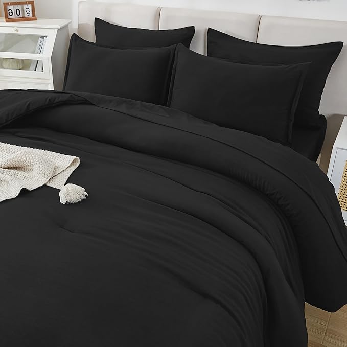 Litanika Comforter Full Size Set Black - 7 Pieces Bed in a Bag Full Bedding Comforter Sets, Plain Lightweight Bed Set with Comforter, Sheets, Pillowcases & Shams