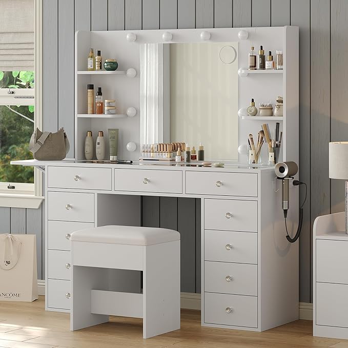 Vanity Desk with Power Outlet, 11 Drawers Makeup Vanity with Lighted Mirror, 3 Colors Adjustable, Glass Top Vanity with Chair, 4 Shelves and Fold-up Panel, Dressing Table for Bedroom, White