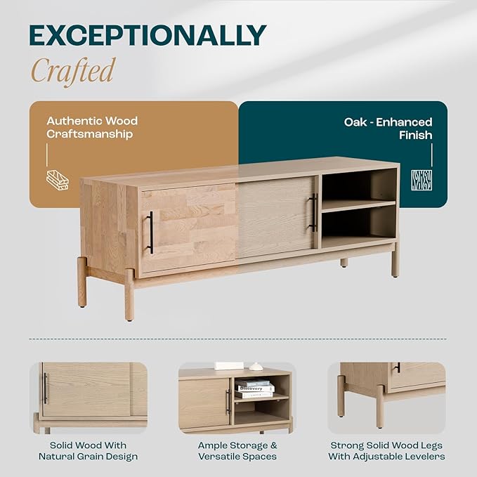 Bme Lyra 65 Inch Solid Wood TV Stand - Easy Assembly - Entertainment Center with Storage - Mid Century TV Console for Living Room, Bedroom, Guest Room, Oak Light Grey