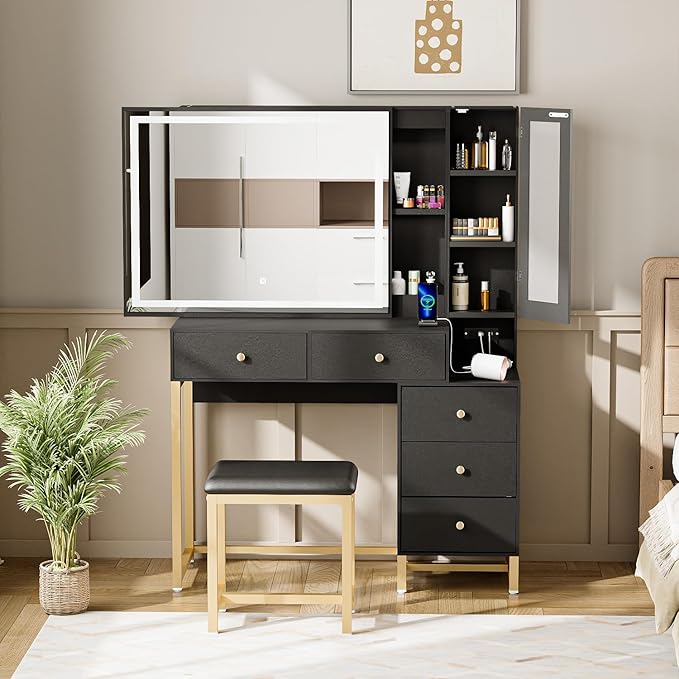 Black Vanity Desk with Mirror and Lights, Makeup Table with Socket Dressing Table Set with Stool, 5 Drawers, Storage Cabinet and Hidden Storage Compartment for Bedroom Dressing Room
