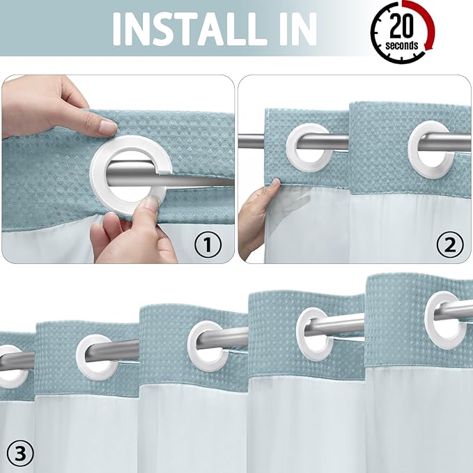 YellyHommy No Hook Shower Curtain with Snap in Liner Set Less Waffle Shower Curtain for Bathroom (Cyan, 81" L x 72" W)