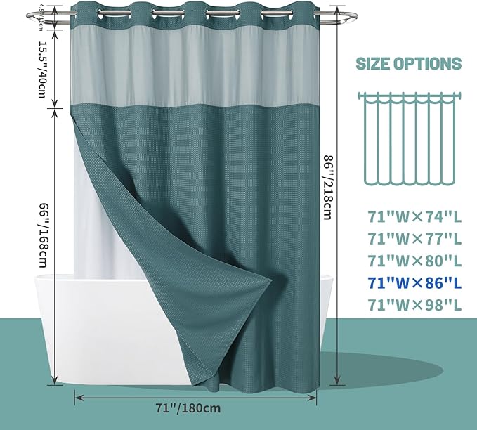 SeawedGreen Extra Long No Hook Waffle Weave Shower Curtain with snap-in Liner Replacement, 230GSM Waterproof Fabric Hotel Shower Curtain Set for Bathroom, Through Mesh Top Window,71Wx86H