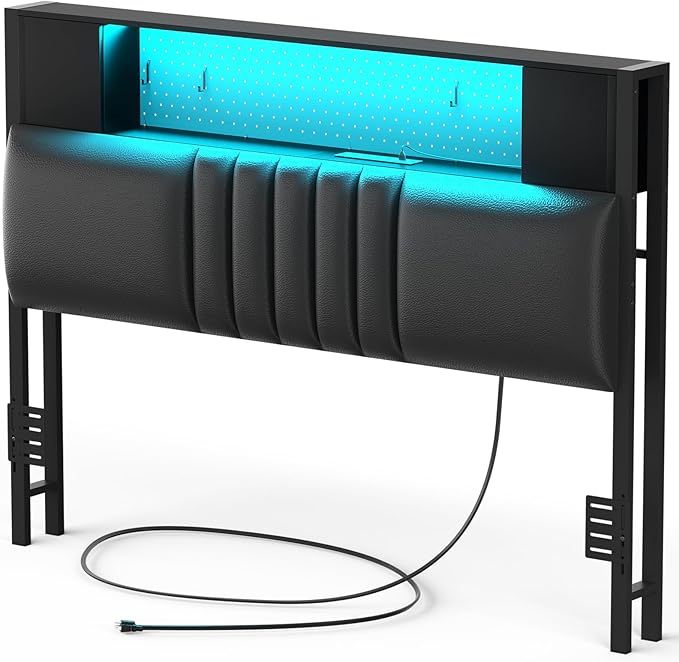Unikito Headboard for Twin Size Bed with Storage and Cabinet, Black Upholstered Headboards with Outlets, USB Ports, and DIY Color of LED Light, Twin Head Board Only, Comfortable Headboard, Black