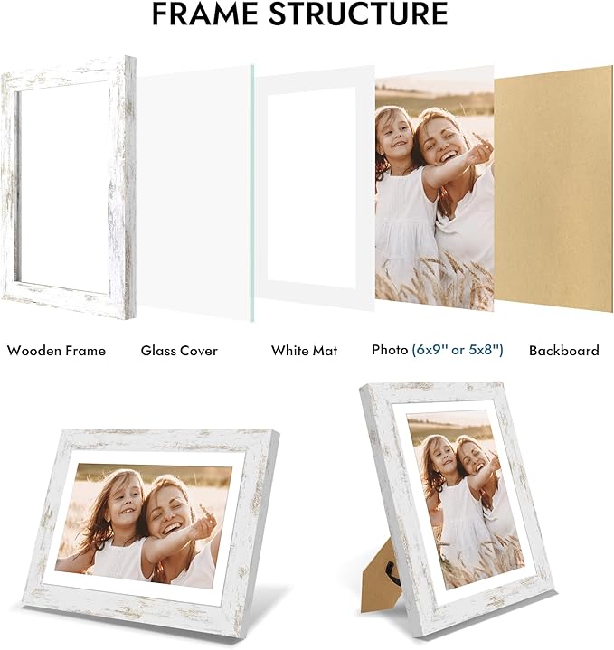 6x9 Picture Frame with Glass, Display Pictures 5x8 with Mat or 6 x 9 without Mat - Wall and Tabletop, 6 by 9 Photo Wooden Frames (Distressed White, 1 Pack)