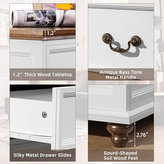 Farmhouse 54" 7 Drawers Dresser for Bedroom, White Wood Chest of Drawers w/ 4 Wooden Legs, Vintage Closet Storage Dressers Organizer for Hallway, Rustic Large TV Stand for Living Room, Foyer