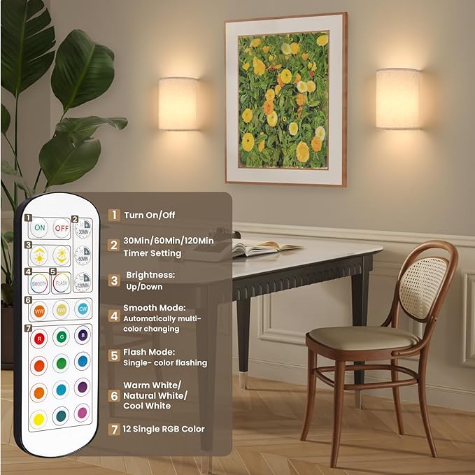 Battery Operated Wall Sconces Set of 2,Rechargeable Wall Lights with Remote Control,15 RGB Colors Dimmable Wall Light with fabric shades,Magnetic Wall Lamp Fixtures for Bedroom Living Room Hallway