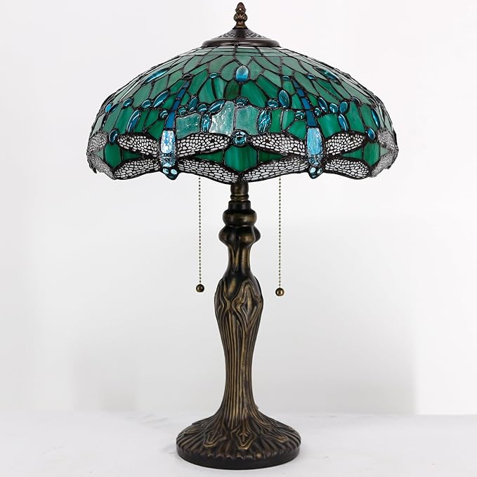 Tiffany Table Lamp Stained Glass Lamp 16X16X24 Inch Antique Reading Light (Green Dragonfly)