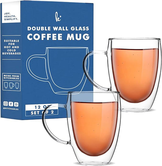Kitchables Double Walled Glass Coffee Mugs Set of 2, 12oz - Insulated Glass Coffee Mugs for Cappuccino, Latte, Tea, Espresso - Latte Cup - Tazas Para Cafe
