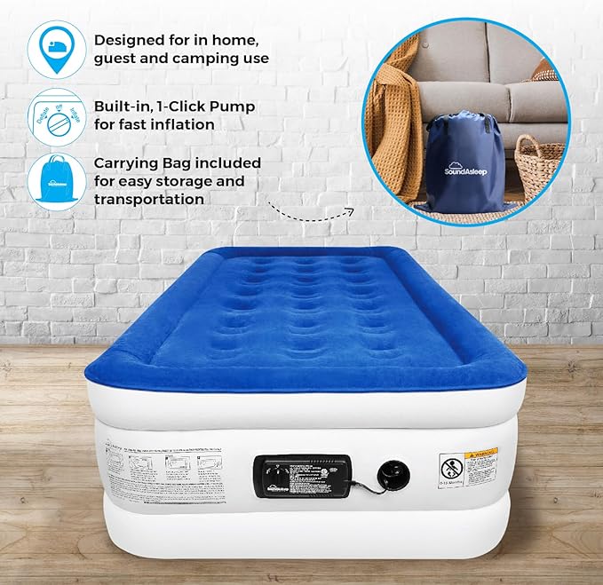 SoundAsleep Products Dream Series Luxury Air Mattress, ComfortCoil Technology, Built-in High Capacity Pump for Home, Camping- Double Height, Adjustable, Inflatable Blow Up, Portable (Twin Size)