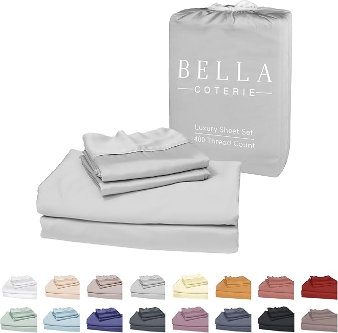 Bella Coterie Luxury Bamboo Viscose Cal King Size Sheet Set | 100% Organically Grown | Ultra Soft | Cooling for Hot Sleepers | 18" Deep Pocket [Grey Mist]