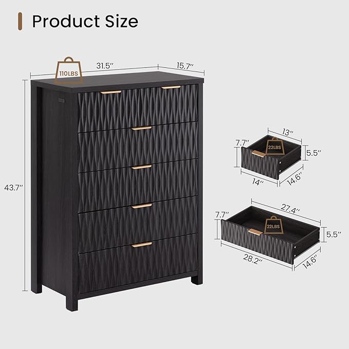 6 Drawers Dresser, 43.7" Tall Drawers for Bedroom, Extra-Thick Tabletop & Frame, Modern Chest of Wood Drawer Organizer for Bedroom, Living Room, Hallway, Entryway, Black