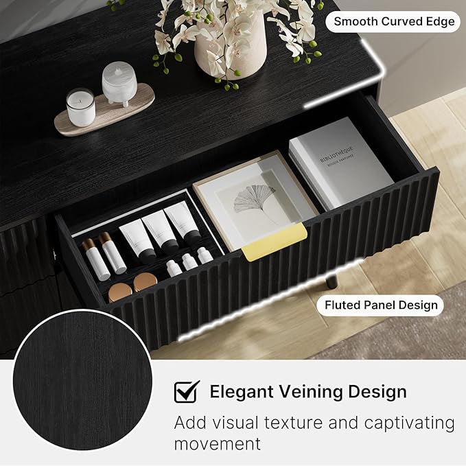 LYNSOM 55" Wide Fluted Dresser for Bedroom with 6 Drawer, Modern Chest of Drawers with Curved Profile Design and Metal Handles, Wood Dresser TV Stand & Storage Organizer for Living Room, Black