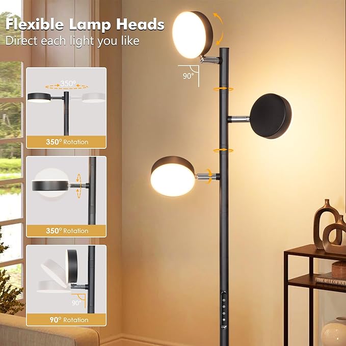 Tree Floor Lamp for Living Room - Modern Black Standing Lamp, LED Floor Light with Remote & Touch, 3000K-6000K Dimmable for Bedroom Office Reading (3 Head)