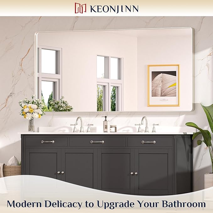 Keonjinn 72 x 36 Brushed Nickel Bathroom Vanity Mirror, Large Rounded Rectangle Bathroom Mirrors for over Sink, Metal Framed Silver Mirror for Wall, Shatterproof HD Tempered Glass(Horizontal/Vertical)