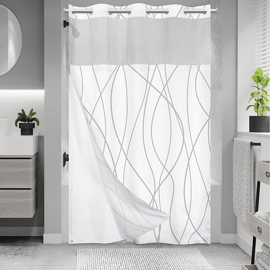 No Hook Grey White Striped Stall Shower Curtain with Snap in Liner Set - Hotel Shower Curtain and Liner Set with See Through Mesh Top Window,Machine Washable, 54x80 INCH