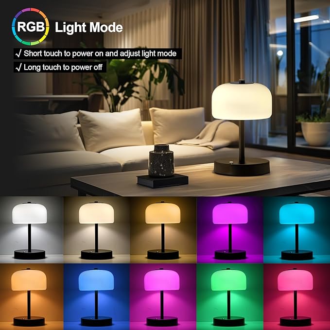 PORTRES RGB Cordless Touch Table Lamp with 3 Color Temperatures 7 RGB Colors Rechargeable Battery lamp with Pickup Rhythm Light Glass Lamp Shade for Bedroom Outdoor Patio Restaurant Camping Black