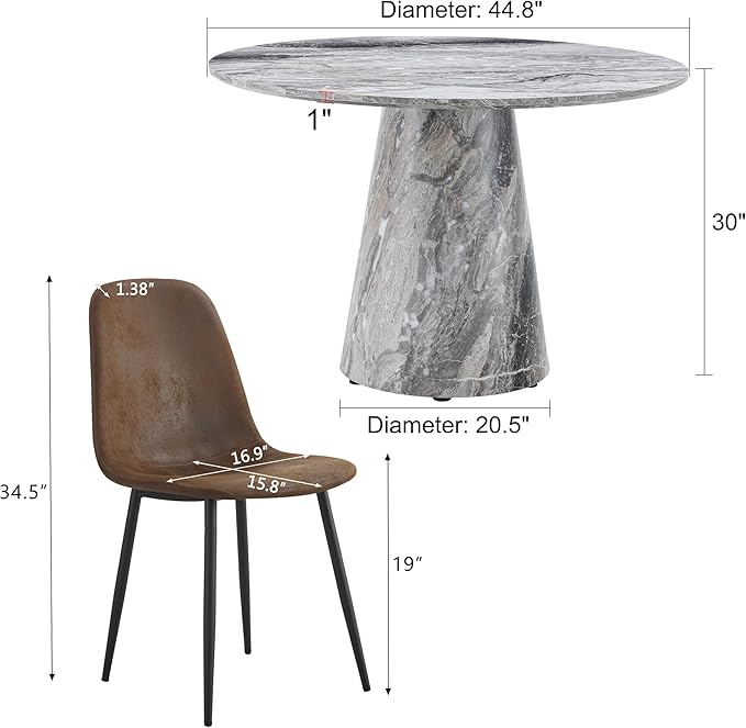 Round Dining Table Set for 6, 45IN Kitchen Table Set with Faux Marble Table Top and PU Upholstered Chairs, Modern Dinner Table with Chairs Set for Dinning Room, Living Room