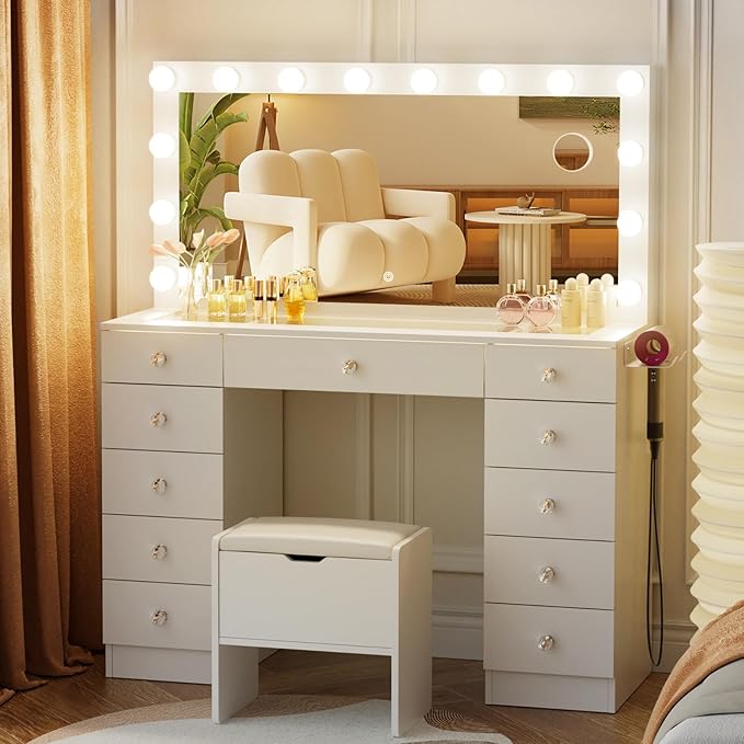 VOWNER Vanity with Lighted Mirror - Makeup Vanity Desk with Glass Top and 11 Drawers, 3 Color Lighting Modes Adjustable Brightness, 46" Vanity Table with Soft Cushioned Stool for Bedroom, White