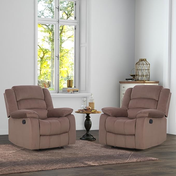 ANJ Fabric Recliner Chair Set of 2, with Overstuffed Arm and Back, Comfy Chocolate Manual Reclining Chairs for Adults, Living Room Single Sofa Recliners