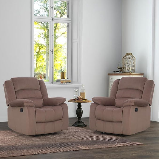 ANJ Fabric Recliner Chair Set of 2, with Overstuffed Arm and Back, Comfy Chocolate Manual Reclining Chairs for Adults, Living Room Single Sofa Recliners