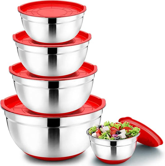 P&P CHEF Mixing Bowls with Lids Set of 5, Stainless Steel Nesting Salad Bowl with Lid & Base for Non-slip Mixing Prepping Storing Serving, 5 Sizes-7/3.5/2.5/1.5/1 QT, Red