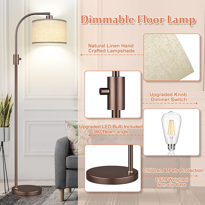 Upgraded Dimmable Floor Lamp, 1200 Lumens LED Bulb Included, Bronw Arc Floor Lamp with Linen Shade for Living Room, Bedroom, Reading Room, Nursery