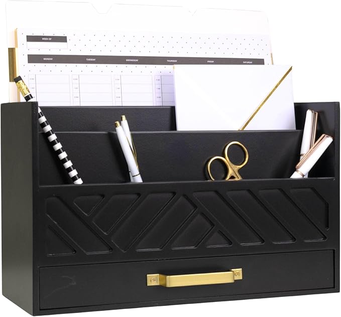 BLU MONACO Black Mail Organizer with Drawer and Gold Handle – Desktop Mail Holder and Office Supplies Storage – Home Office Desk Accessories – Letter Sorter and Paper Organizer