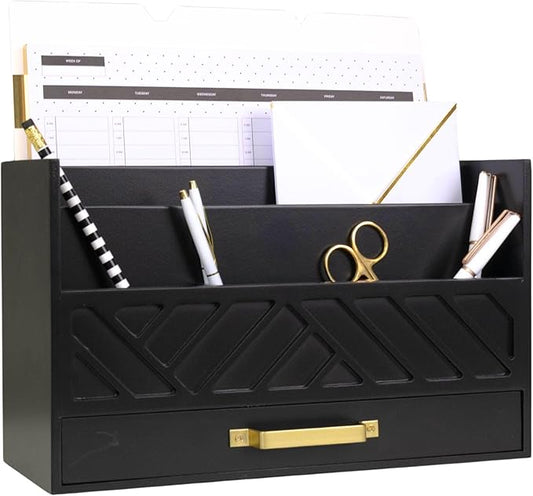 BLU MONACO Black Mail Organizer with Drawer and Gold Handle – Desktop Mail Holder and Office Supplies Storage – Home Office Desk Accessories – Letter Sorter and Paper Organizer